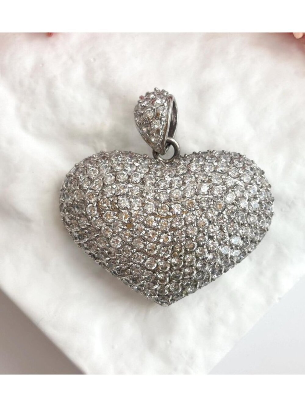 Puffed Heart Shaped Filigree Cubic Zirconia Sterling Silver Vintage 925 Pendant
